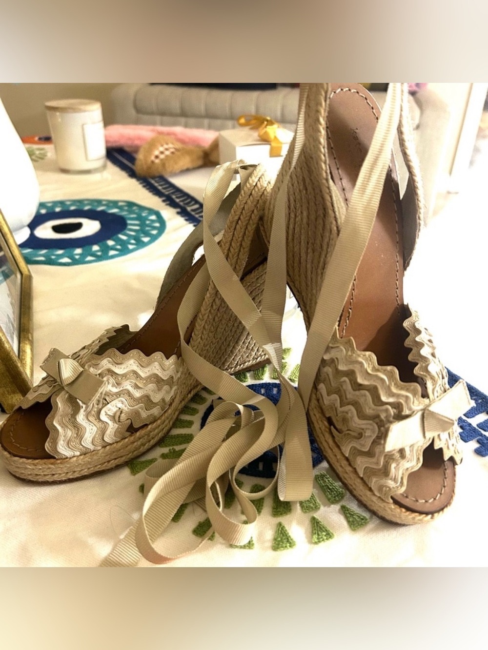 kate spade Gorgeous! Beige Cream Wedge Espadrille Sandal Jute Heel Ribbon Tie 10
